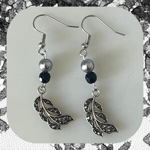 Handmade Lightweight Silver Leaf Earrings with Rhinestones & Beads